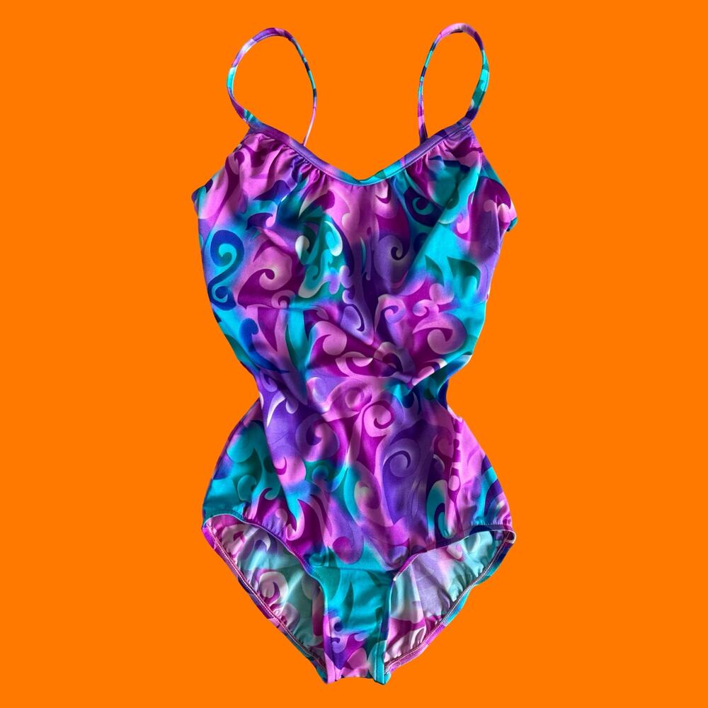90's vintage psychedelic vaporwave one piece bathing suit Size 14 *deadstock*